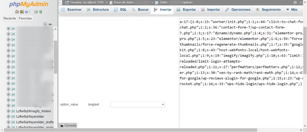 Campo option_value en base de datos